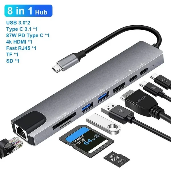 Doomhot 8 in 1 Type C Hub with 4K@60HZ USB C to HDMI RJ45 SD TF Card Reader 3 USB 3.0 Ports